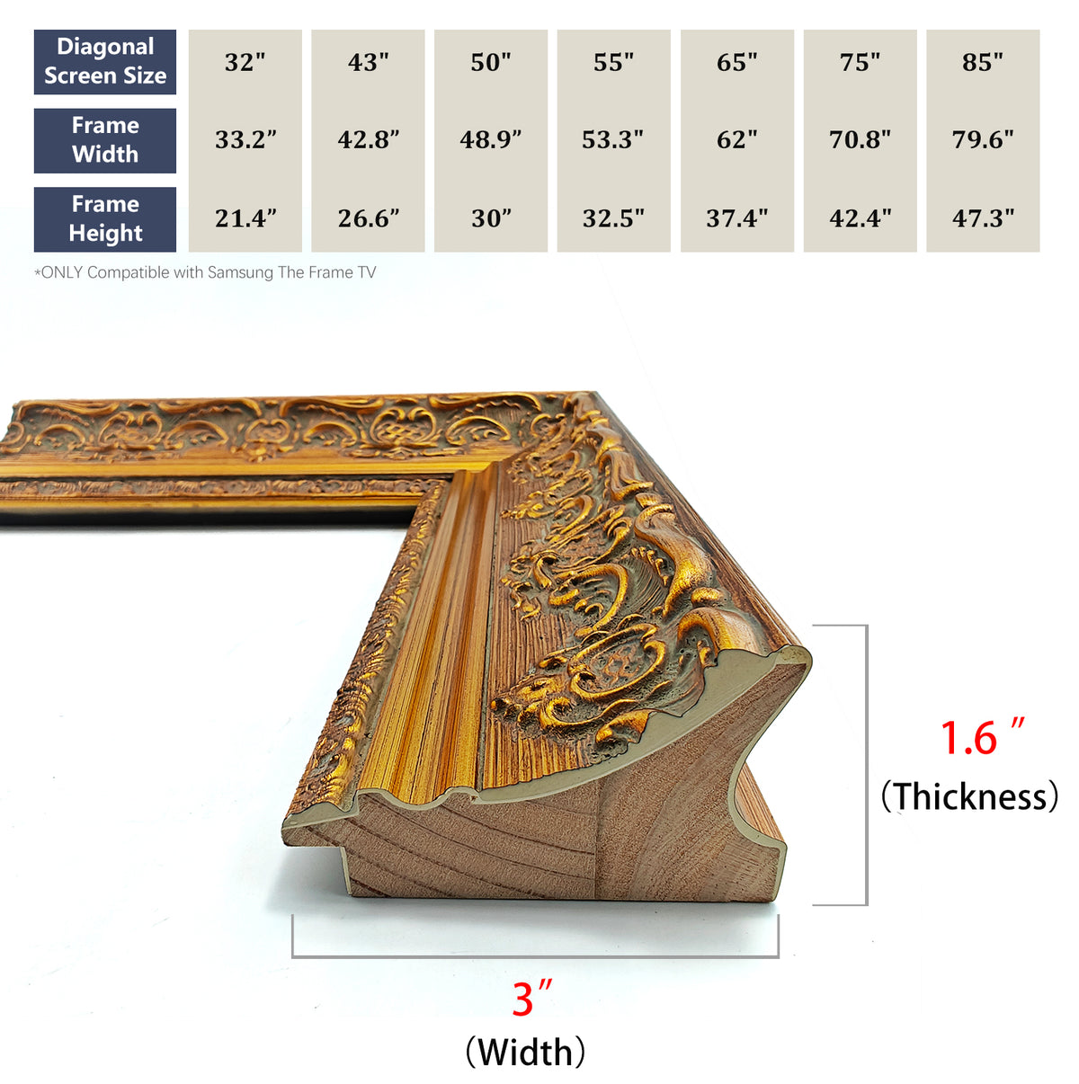 Baroque Gold Pine Wood TV Frame for Samsung The Frame,100% handmade,custom brand tv frame,frame for samsung 2021-2026&PRO